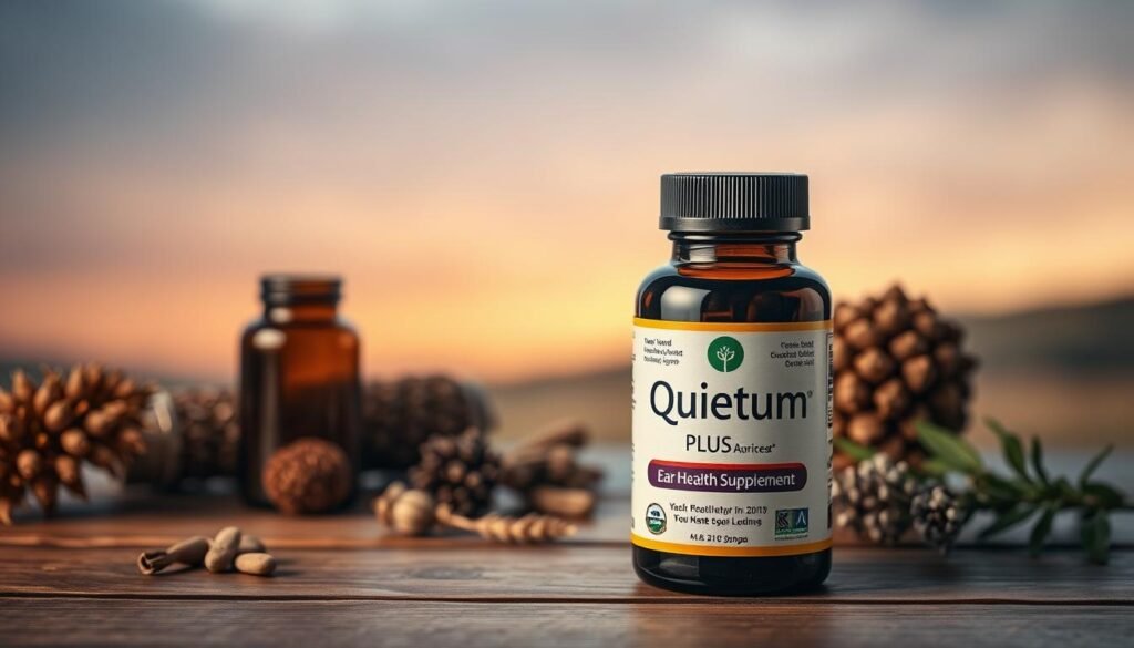 A high-quality, intricate still life depicting the &quot;Quietum Plus&quot; ear health supplement. In the foreground, the Quietum Plus bottle is prominently displayed, its label featuring the brand name and product details. The bottle is positioned on a wooden surface, with a soft, warm lighting illuminating the scene. In the middle ground, complementary natural elements, such as dried herbs or earthy tones, create a soothing, natural ambiance. The background features a blurred, out-of-focus landscape, hinting at the tranquil, restorative nature of the product. The overall composition conveys a sense of quality, authenticity, and the product's ability to address ear health concerns.