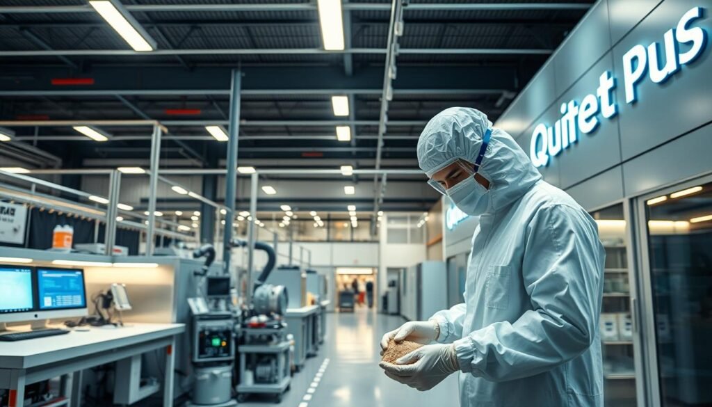 Detailed, photorealistic image of the &quot;Quietum Plus&quot; manufacturing facility, showcasing their rigorous safety standards and quality control processes. The foreground features a worker in a clean room environment, wearing a protective suit and carefully handling raw materials. In the middle ground, advanced laboratory equipment and testing stations are visible, with digital displays and complex instrumentation. The background depicts the exterior of the modern, state-of-the-art facility, with sleek architecture and prominent &quot;Quietum Plus&quot; branding. Bright, diffused lighting creates a sense of cleanliness and professionalism, while the overall composition conveys the brand's commitment to safety, transparency, and high-quality natural solutions.
